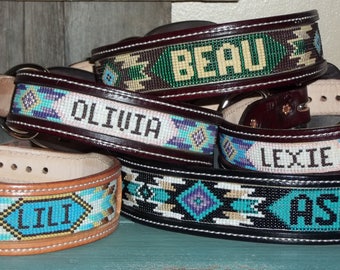 Leather Dog Collar with Beaded Inset