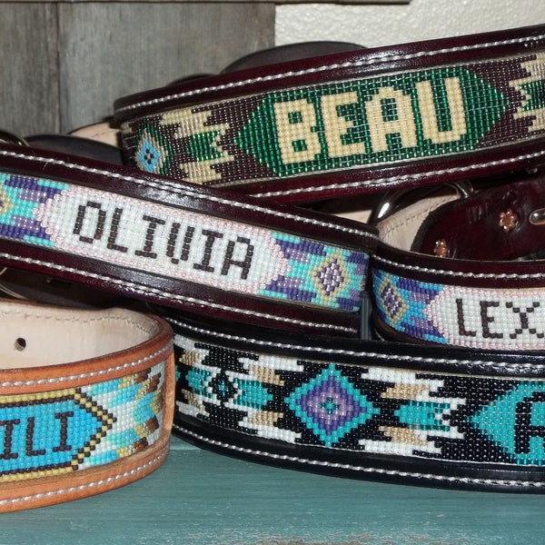 Leather Dog Collar with Beaded Inset