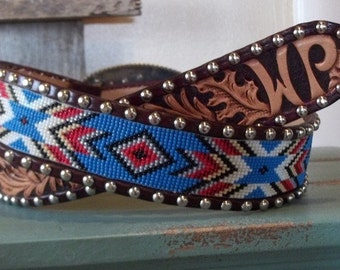 Handmade Beaded Belt inset into leather