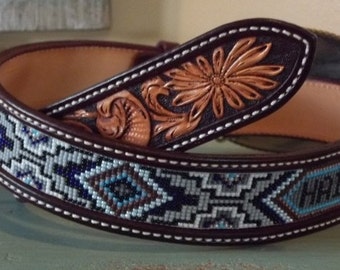 Hand tooled, beaded, leather belt