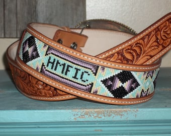 Handmade Tooled Leather Belt with beaded insert