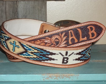 Hand made Beaded Inset Leather Belt