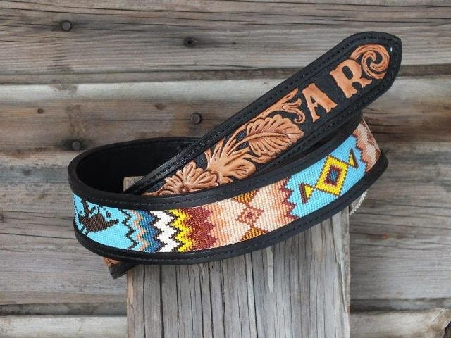 Hand Tooled, Beaded, Leather Belt - Etsy