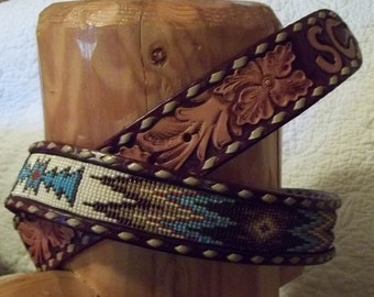 Buck Stitched, Beaded,  two tone Leather with Hand Carved Flowers, Belt