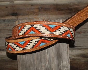 Vintage Leather Seed Bead Beaded Geometric Southwest Belt  display picture 3