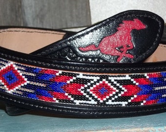 Handmade leather belt with bead inlay