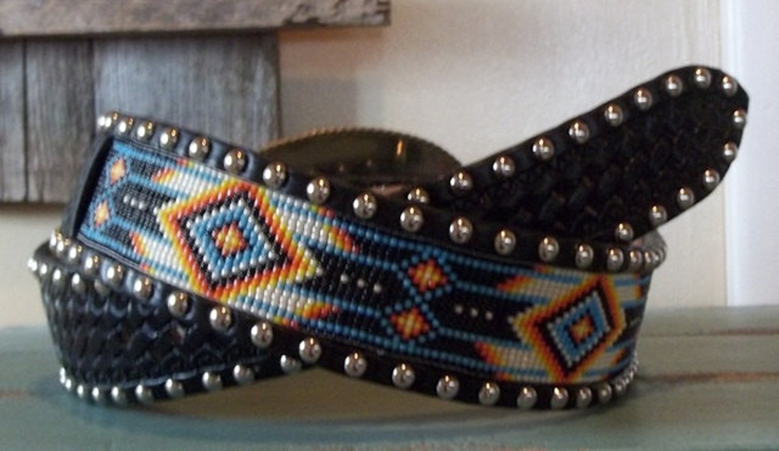 Leather beaded beltwith beaded insert and spots Etsy