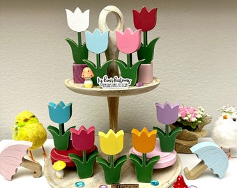 Mini Tulips | Wooden Tulip | Tulips and Blooms | Spring Flowers | Wooden Flowers | Spring Decor | Spring Tier Tray