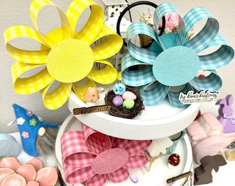 Spring Flowers | Gingham Paper Flowers | Spring Decor | Tier Tray Flowers | Easter Decor | Spring Tiered Tray | Paper Flowers