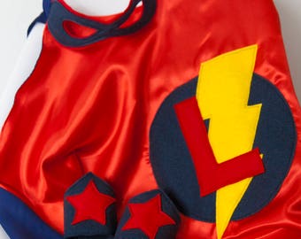 Super Hero Set, personalized. Cape & Crown or Mask. Red and Navy Blue. Custom Cape. Imaginative play. Dress-up. Role Playing.