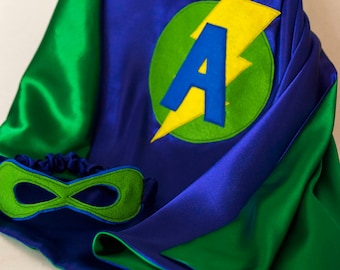 Super Hero Set, personalized. Cape & Crown or Mask. Royal Blue and Green. Custom Cape. Imaginative Play. Dress-up. Role Playing.