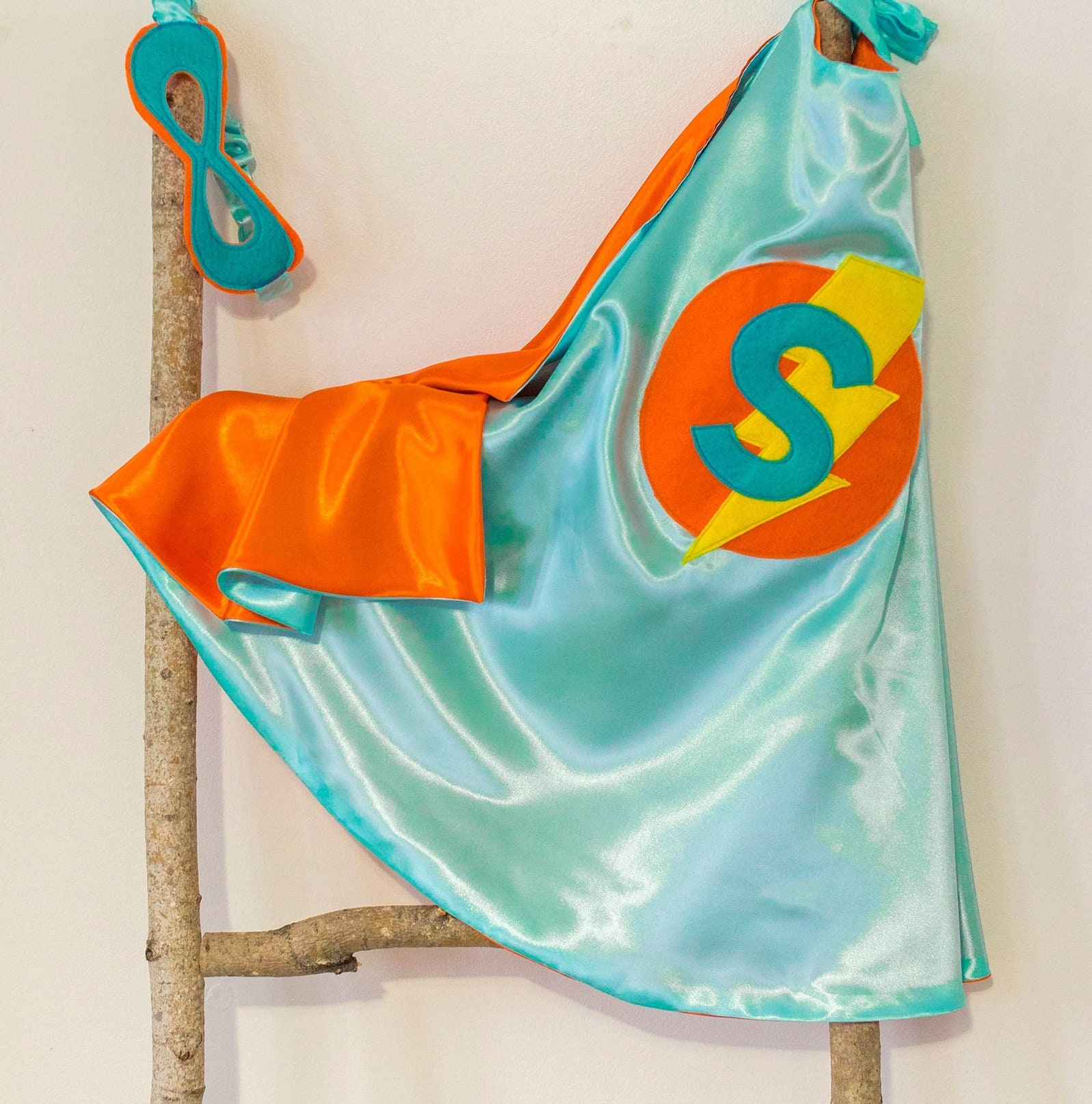 Super Hero Set, personalized. Cape & Crown or Mask. Aqua and Orange. Custom Cape. Imaginative play. Dress-up. Role Playing.