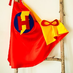 Super Hero Set, personalized. Cape & Crown or Mask. Red and Yellow. Custom Cape. Imaginative play. Dress-up. Role Playing.