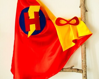 Super Hero Set, personalized. Cape & Crown or Mask. Red and Yellow. Custom Cape. Imaginative play. Dress-up. Role Playing.