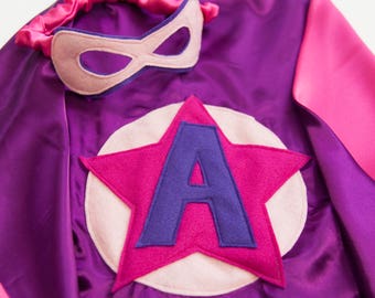 Super Hero Set, personalized. Cape & Crown or Mask. Bright Pink and Purple. Custom Cape. Imaginative play. Dress-up. Role Playing.