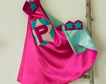Super Hero Set, personalized. Cape & Crown or Mask. Bright Pink and Aqua. Custom Cape. Imaginative play. Dress-up. Role Playing.