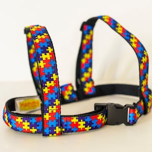 Child Harness. Baby & Toddler harness, walking lead. Autism awareness harness.  Cotton webbing leash. Black and Autism ribbon.