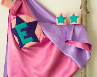 Super Hero Set, personalized. Cape & Crown or Mask. Medium Pink and Lilac. Custom Cape. Imaginative play. Dress-up. Role Playing.