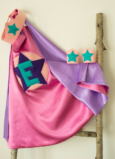 Super Hero Set, personalized. Cape & Crown or Mask. Medium Pink and Lilac. Custom Cape. Imaginative play. Dress-up. Role Playing.