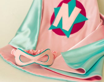 Super Hero Set, personalized. Cape & Crown or Mask. Soft Pink and Aqua. Custom Cape. Imaginative play. Dress-up. Role Playing.