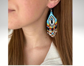 Handmade earring, Indian Style Fringe Beading Earrings - Long Earrings - Native American style - Colorful beaded -  Long fringe earrings