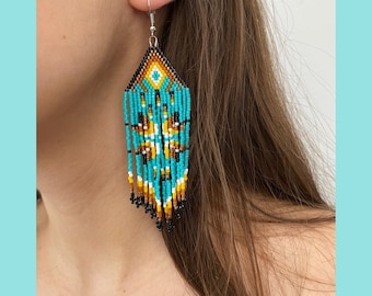 Handmade Ethnic Miyuki Bead Dangle Earrings with Cultural Patterns