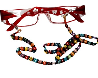 Handmade Multicolored Eyeglasses Chain, Beaded Daisy Chain Necklace, 90s Jewelry, Womens Sunglass Chain, Pretty Cute floral Gift