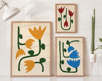 Flower Arrangement Digital Posters 3-Pack, Large Digital Downloadable Prints, Printable Art, Wall Art, Flowers, Boho Shapes, Minimal, Modern