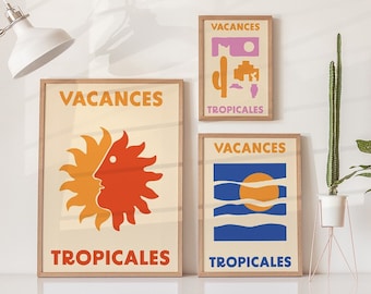 Paquete de 3 carteles de vacaciones tropicales, impresión de descarga digital, impresiones descargables, arte imprimible grande, formas boho, diseño de duotono, mínimo
