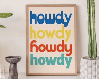 Howdy Digital Download Poster, Western Theme, Typography, Red, Blue, Green, Yellow