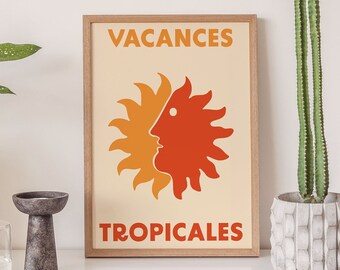 Cartel de vacaciones tropicales, naranja y rojo, decoración de pared retro, descarga digital, impresiones descargables, arte imprimible, Boho, diseño de duotono