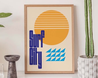 Surf City Poster, (Yellow, Blue), Retro Wall Decor, Digital Download Print, Downloadable Prints, Large Printable Art, Duotone Design