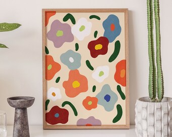 Colorful Hand Drawn Floral Poster, Digital Downloadable Prints, Printable Art, Wall Art, Flowers, Minimal Boho, Modern, Aesthetic Style