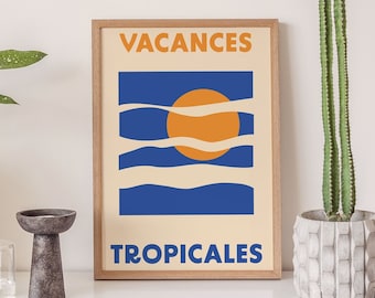 Cartel de vacaciones tropicales, azul naranja, decoración de pared retro, impresión de descarga digital, impresiones descargables, arte imprimible grande, Boho, duotono