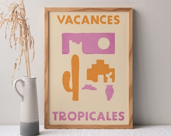 Cartel de vacaciones tropicales, decoración de pared retro, impresión de descarga digital, impresiones descargables, arte imprimible grande, formas boho, diseño de duotono