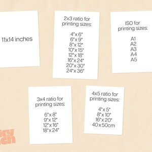 Puede incluir: Cinco tarjetas blancas con texto negro sobre un fondo beige. Las tarjetas muestran diferentes tama&ntilde;os de papel est&aacute;ndar para imprimir, incluyendo 11x14 pulgadas, proporci&oacute;n 2x3, proporci&oacute;n 3x4, proporci&oacute;n 4x5 y tama&ntilde;os ISO.