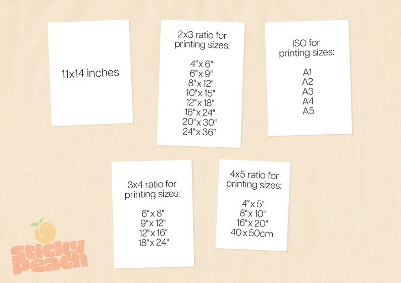 Puede incluir: Cinco tarjetas blancas con texto negro sobre un fondo beige. Las tarjetas muestran diferentes tama&ntilde;os de papel est&aacute;ndar para imprimir, incluyendo 11x14 pulgadas, proporci&oacute;n 2x3, proporci&oacute;n 3x4, proporci&oacute;n 4x5 y tama&ntilde;os ISO.