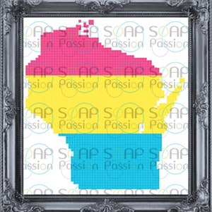 Könnte beinhalten: Eine pixelige Umrandung des Bundesstaates Wisconsin in den Farben der pansexuellen Pride-Flagge: rosa, gelb und blau.