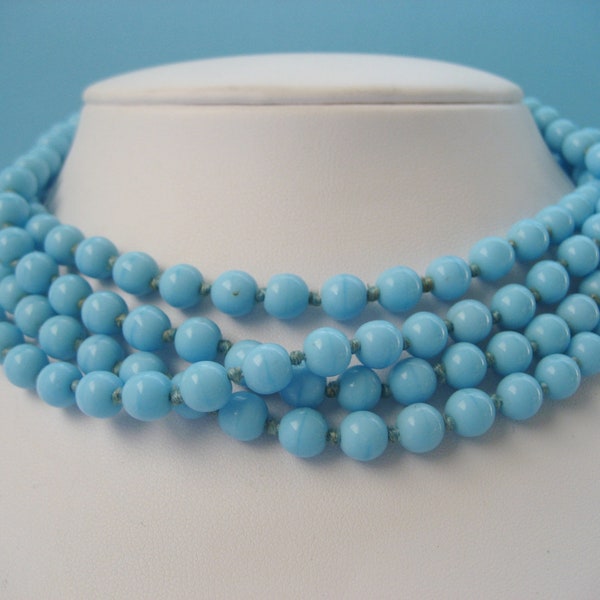Vintage hand knotted Turquoise milk glass necklace 60 inches long Flapper