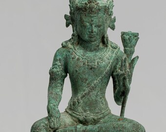 Tara Statue - Antique Java Style Majapahit Seated Bronze Devi Tara Statue - 20.5cm/8"