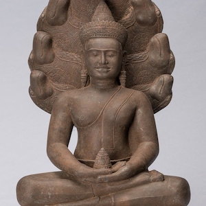 Buddha Statue - Antique Bayon Style Khmer Stone Seated Naga Meditation Buddha - 67cm/27&quot;