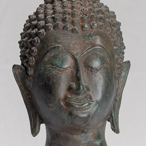 Buddha Head - Antique Thai Style Sukhothai Mounted Bronze Buddha Head - 29cm/12&quot;