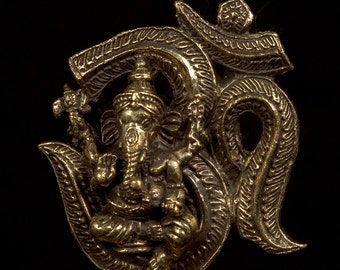 Ganesha Statue - Thailand Brass Seated Ganesh & Ohm Statue Amulet - 6.5cm(2.55")