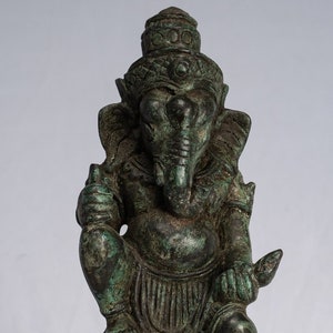 Ganesha Statue - Antique Khmer Style Kneeling Bronze Bayon Ganesh Statue - 17cm/7&quot;