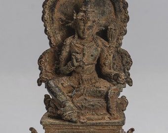 Tara Statue - Antique Java Style Majapahit Seated Bronze Devi Tara Statue - 15cm/6"