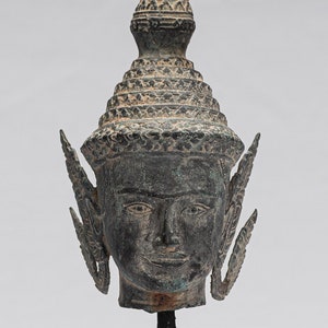 Buddha - Antique Thai Style Bronze Rattanakosin Buddha Head Statue - 32cm/13&quot;