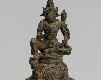 Tara Statue - Antique Java Style Majapahit Seated Bronze Devi Tara Statue - 17cm/7"
