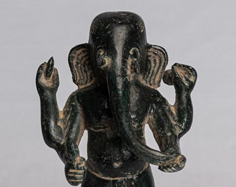 Ganesha Statue - Antique Vietnamese Style Bronze Standing Cham Four-Arm Ganesha Statue - 20cm/8"