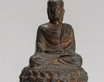 Estatua de Buda de la India - Estatua antigua de Buda meditativo de bronce estilo Gandhara - 21 cm/8"