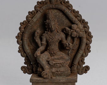 Tara Statue - Antique Java Style Indonesian Majapahit Seated Bronze Devi Tara Statue - 18cm/7"